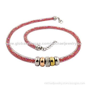 Stainless steel necklaces with interval of IP gold and rose gold plating, with crystals